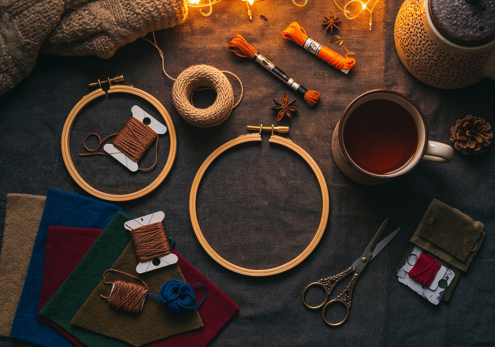 artisan embroidery studio with threads and hoops